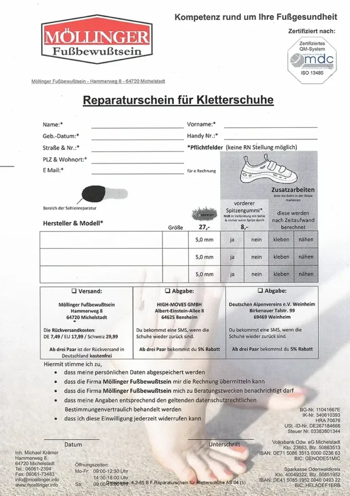 Reparaturschein für Kletterschuhe