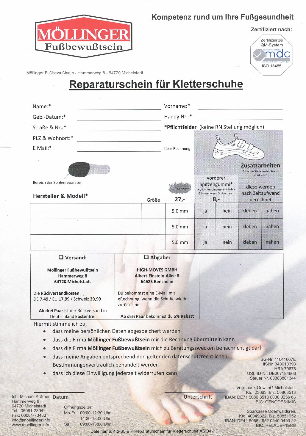 Reparaturschein für Kletterschuhe